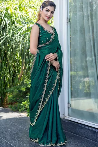 green beads and stones satin saree