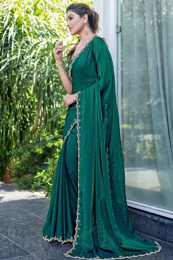 green beads and stones satin saree