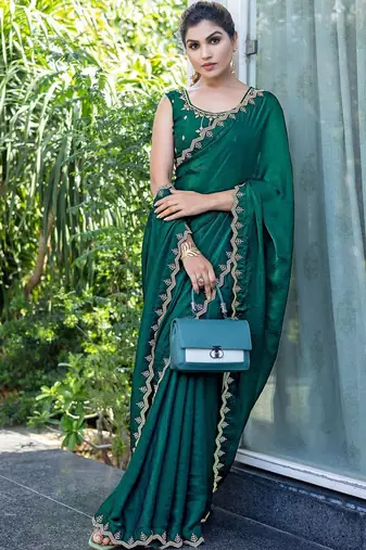 green beads and stones satin saree