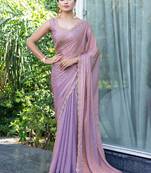 mauve beads and stones satin saree