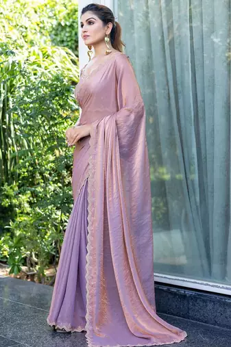 mauve beads and stones satin saree