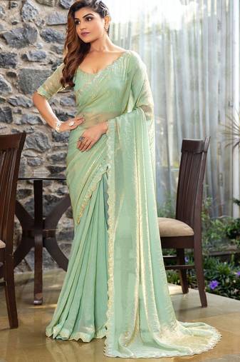 green embellished beads and stones satin saree