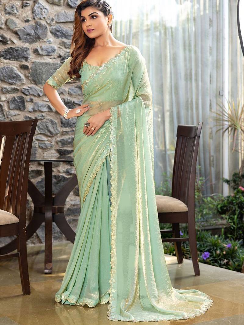 green embellished beads and stones satin saree