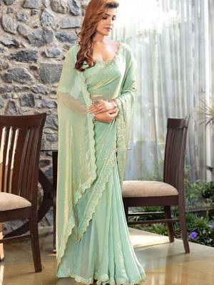green embellished beads and stones satin saree 2