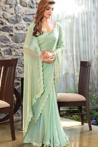 green embellished beads and stones satin saree