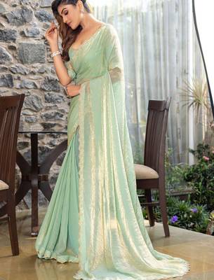 green embellished beads and stones satin saree 3