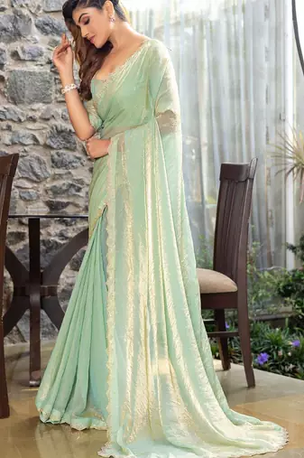 green embellished beads and stones satin saree