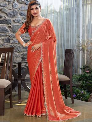 peach beads and stones satin saree 1