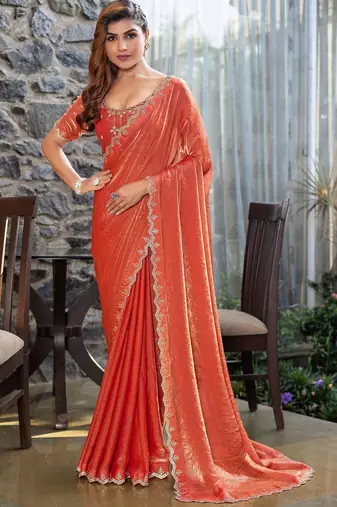 peach beads and stones satin saree
