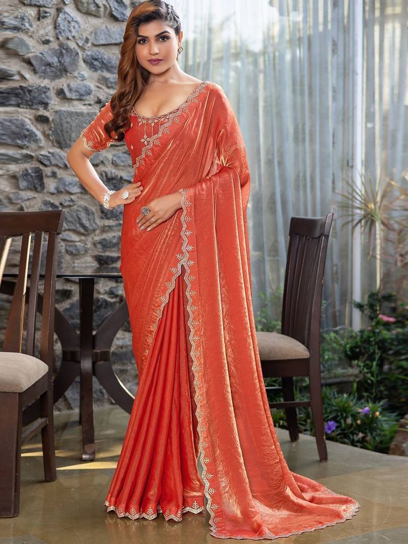 peach beads and stones satin saree