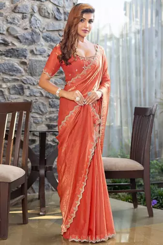 peach beads and stones satin saree