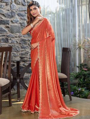peach beads and stones satin saree 3