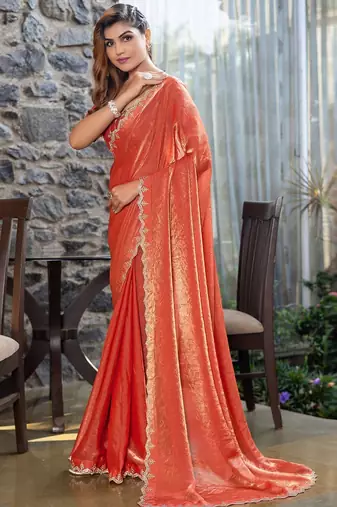 peach beads and stones satin saree