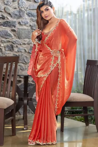 peach beads and stones satin saree