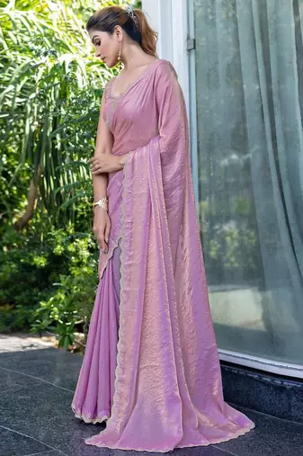 lavender beads and stones satin saree