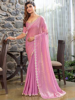 pink embellished  beads and stones satin saree 1