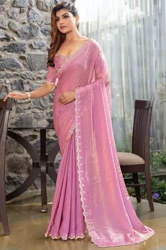 pink embellished  beads and stones satin saree