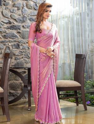 pink embellished  beads and stones satin saree 2