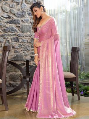 pink embellished  beads and stones satin saree 3