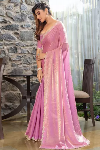 pink embellished  beads and stones satin saree