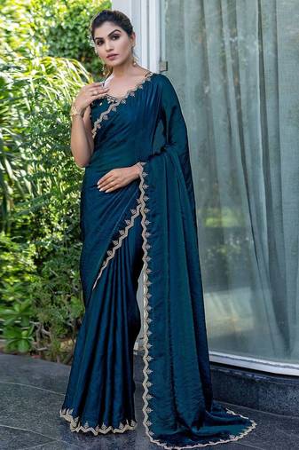 blue beads and stones embellished satin saree
