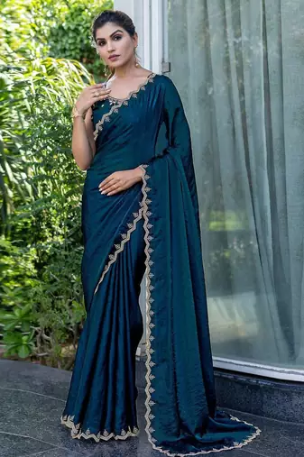 blue beads and stones embellished satin saree
