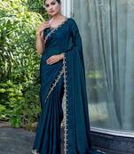 blue beads and stones embellished satin saree