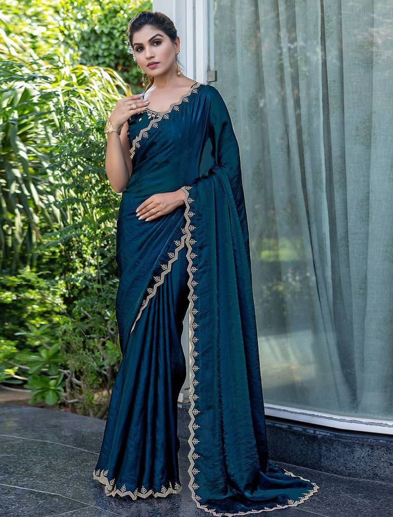 blue beads and stones embellished satin saree