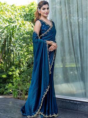 blue beads and stones embellished satin saree 2
