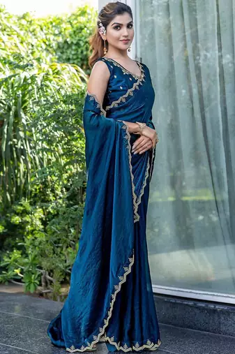 blue beads and stones embellished satin saree