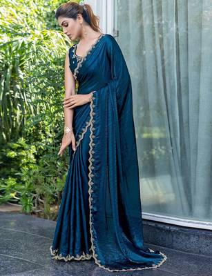 blue beads and stones embellished satin saree 3