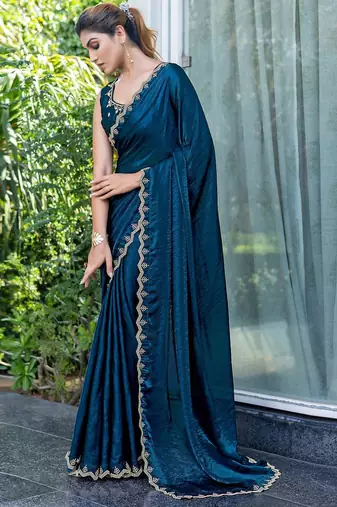 blue beads and stones embellished satin saree