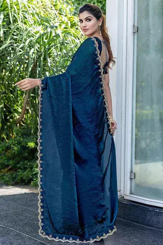 blue beads and stones embellished satin saree