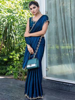 blue beads and stones embellished satin saree 5