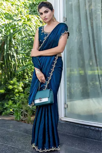 blue beads and stones embellished satin saree