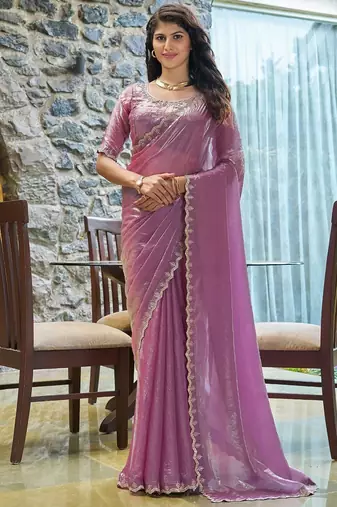 pink beads and stones satin saree