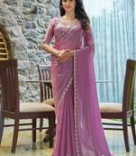 pink beads and stones satin saree