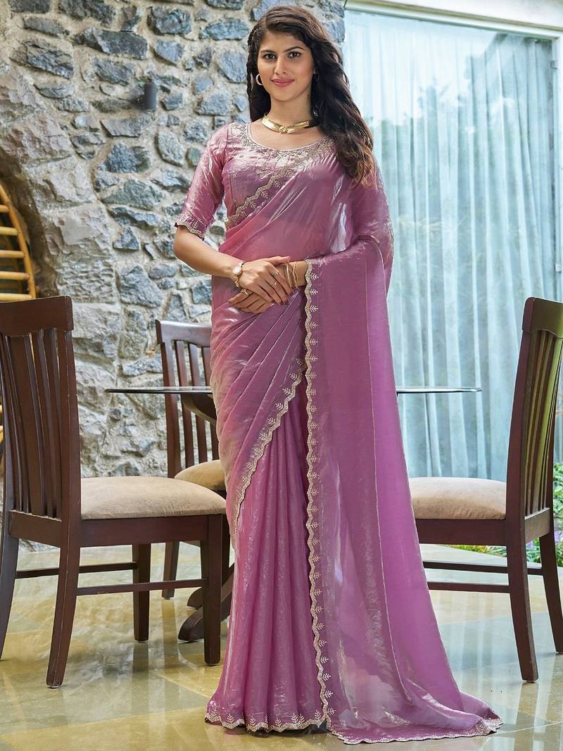 pink beads and stones satin saree