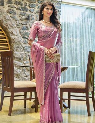 pink beads and stones satin saree 2