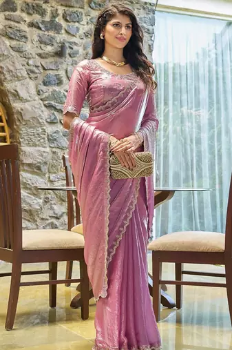 pink beads and stones satin saree