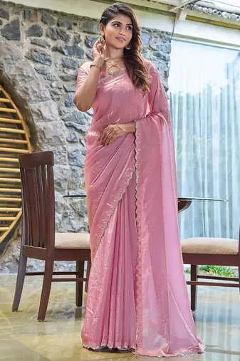 pink beads and stones satin saree