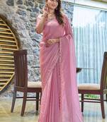 pink beads and stones satin saree