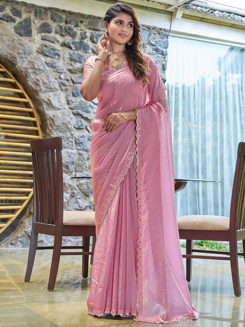 pink beads and stones satin saree