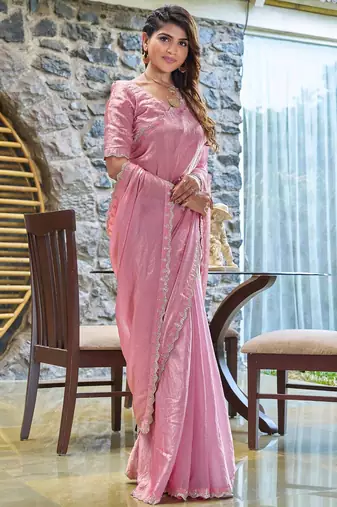 pink beads and stones satin saree