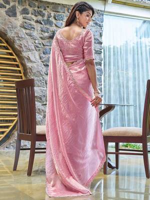 pink beads and stones satin saree 3