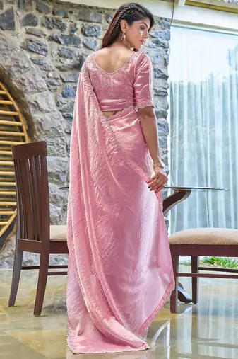 pink beads and stones satin saree