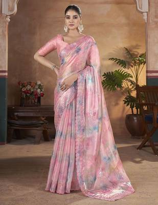 pink embellished embroidered sequinned organza saree 1