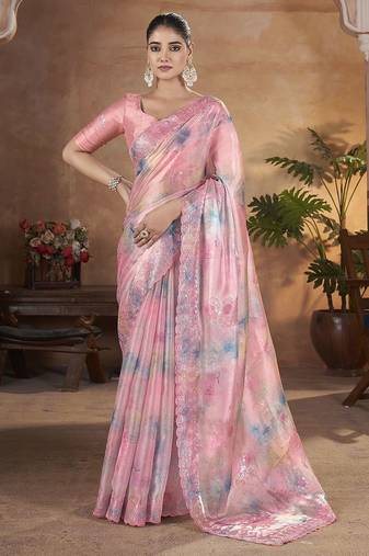 pink embellished embroidered sequinned organza saree