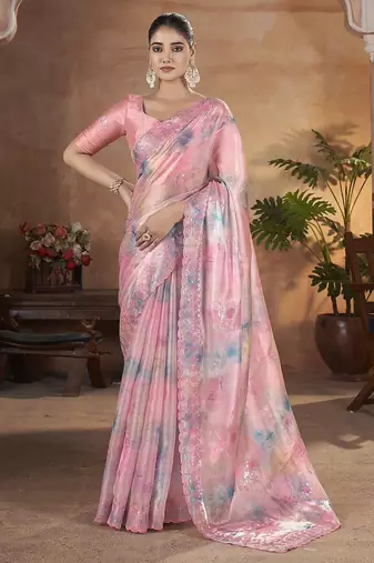 pink embellished embroidered sequinned organza saree