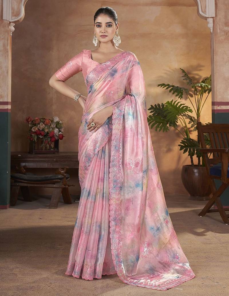 pink embellished embroidered sequinned organza saree